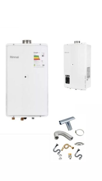 KIT AQUECEDOR E27 + REU2802 GLP RINNAI COM KIT DE INSTALAÇÃO P AMBOS